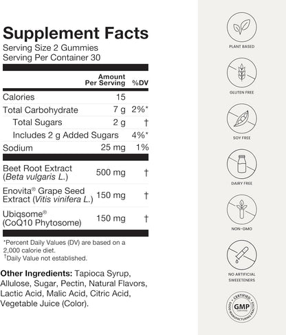 HumanN SuperBeets Heart Gummies - Beet Gummy with Energy Support, Grape Seed Extract & Beetroot Powder, Sugar Free - Pomegranate Berry Flavor, 60 Count - Nirvana Guru