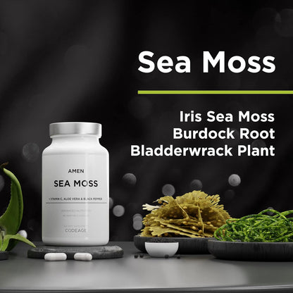 Amen Sea Moss Supplement - 1000mg Organic Irish Sea Moss, Bladderwrack, Burdock - Vitamin C, Aloe Vera, Black Pepper - Seaweed Superfood, Vitamins, Minerals, and Antioxidants - Non-GMO - 90 Capsules Nirvana Guru