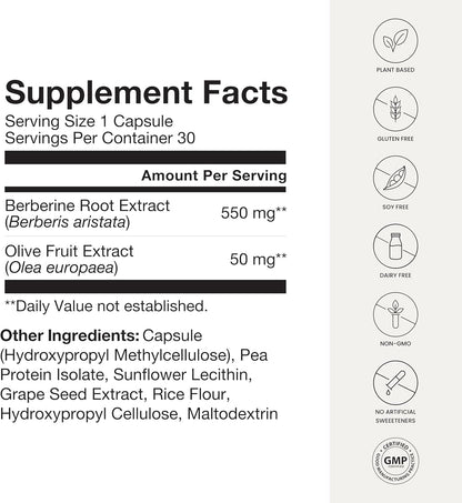 HumanN SuperBerine Berberine Supplement - Cholesterol & Metabolic Clinically Researched Support - High Absorbency Formula with Olive Leaf Extract - 30 Capsules - Nirvana Guru