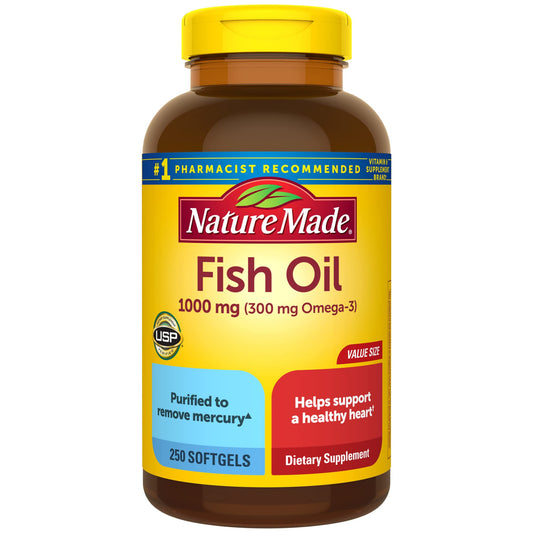 Nature Made Fish Oil Omega 3 Supplements, 1000mg Softgels, Omega 3 Fish Oil for Healthy Heart Support, 250 Softgels, 125 Day Supply - Nirvana Guru