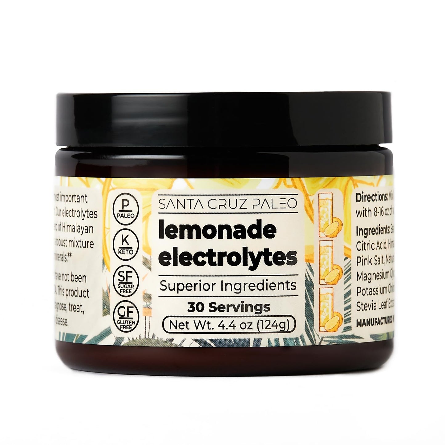 Santa Cruz Paleo Electrolyte Powder, Lemonade Flavor, Sugar Free Hydration Drink Mix with Himalayan Pink Salt, Sea Salt, Magnesium Glycinate, Potassium Chloride, Sweetened with Stevia, 30 Servings