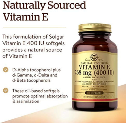 Solgar Vitamin E 268 MG (400 IU) (d-Alpha Tocopherol & Mixed Tocopherols), 100 Softgels - Supports Immune System & Skin Nutrition - Natural Antioxidant - Gluten Free, Dairy Free - 100 Servings Nirvana Guru