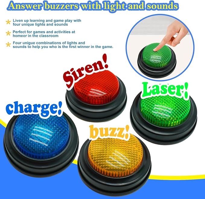Set of 4 Buzzers for Trivia Games, Answer Buzzers for Classroom, Family Feud Jeopardy Buzzer, Game Buzzers with Lights and Sound for Classroom, Game Show Buzzer Buttons nirvanaguru