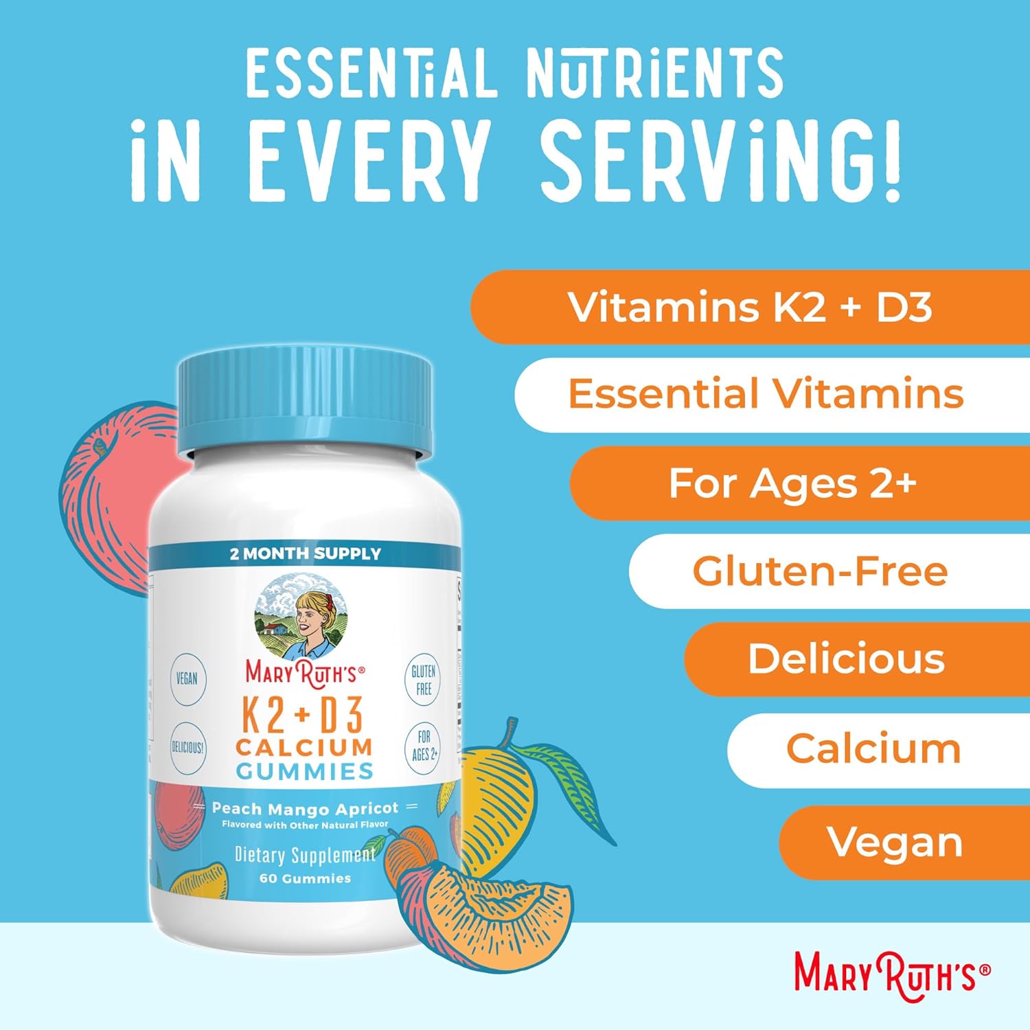 MaryRuth Organics Calcium with Vitamin D & Vitamin K2, 2 Month Supply, Calcium Supplement Supports Bone Health & Joint Support, with Vitamins D3 K2 Gummies, Vegan, Non-GMO, Gluten Free, 60 Count - Nirvana Guru
