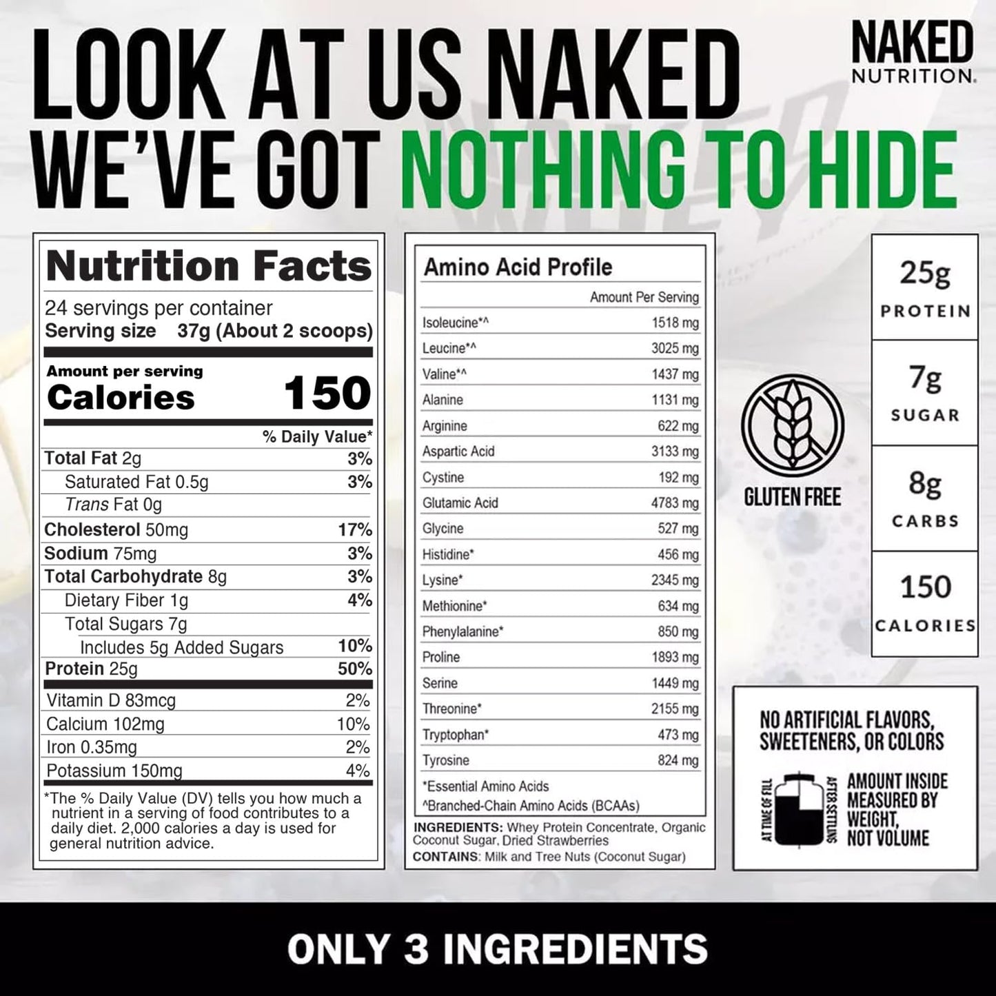 NAKED Whey Vanilla Protein Powder - Only 3 Ingredients - Grass Fed Whey Protein Powder, Vanilla Flavor, and Organic Coconut Sugar, No GMO, No Soy, and Gluten Free - 24 Servings