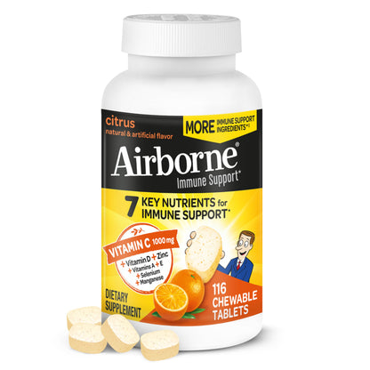 Airborne Vitamin C 1000mg (per Serving) - Citrus Chewable Tablets (116 Count in a Bottle), Gluten-Free Immune Support Supplement, with Vitamins A C E, Zinc, Selenium, Echinacea, Ginger, Antioxidants Nirvana Guru