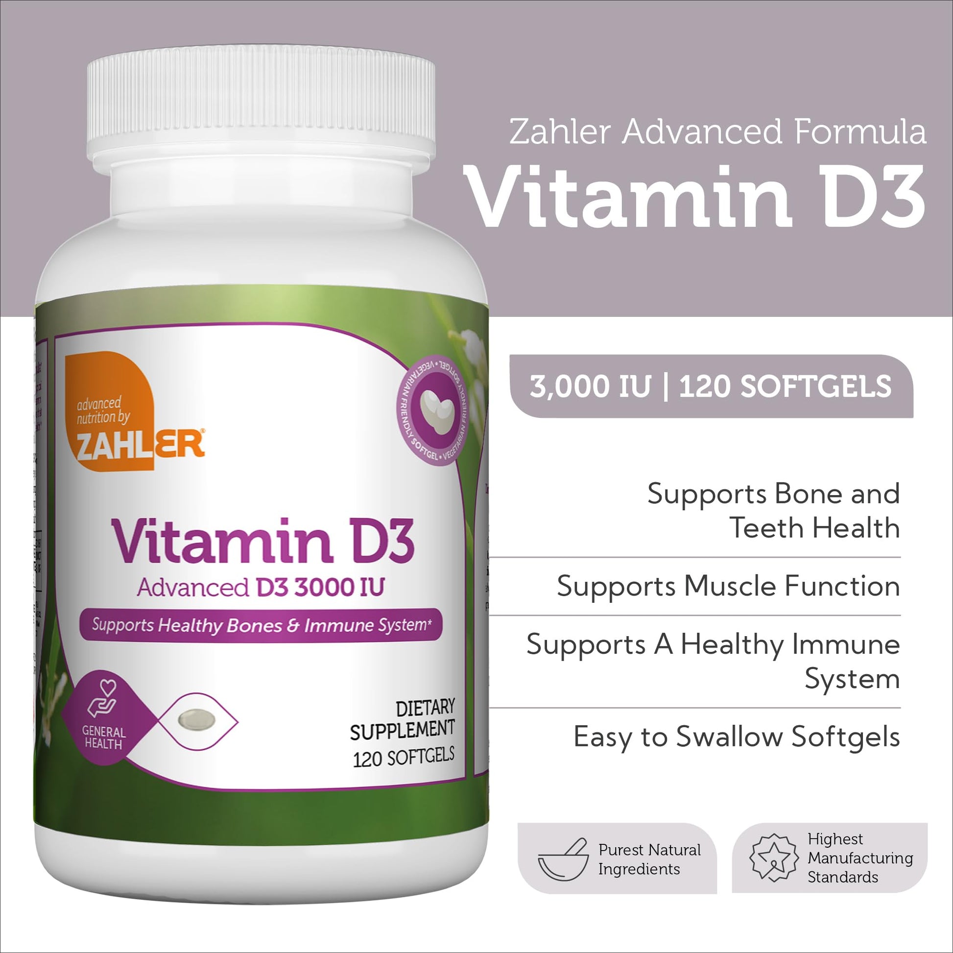 Zahler Vitamin D3 3000IU, Vitamin D3 Supplement 3,000 IU, Certified Kosher (250 Softgels) - Nirvana Guru