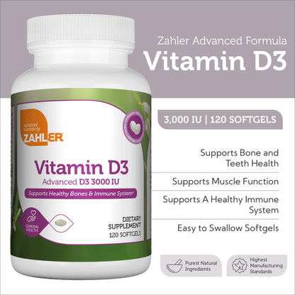 Zahler Vitamin D3 3000IU, Vitamin D3 Supplement 3,000 IU, Certified Kosher (250 Softgels) - Nirvana Guru