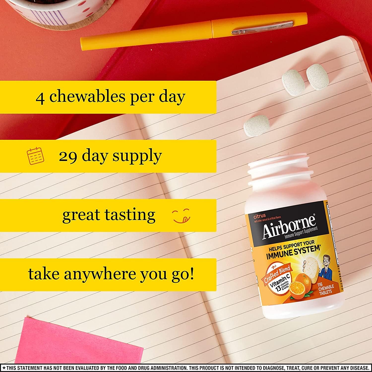 Airborne 1000mg Vitamin C + Zinc Immune Support Supplement Chewable Tablets, Very Berry & Citrus Flavor with Powerful Antioxidants Vitamins A C & E, 116 Chewable Tablets Nirvana Guru