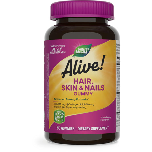 Nature's Way Alive! Hair, Skin & Nails Gummies, Advanced Beauty Formula*, with Biotin and Collagen, Strawberry Flavored, 60 Gummies (Packaging May Vary) - Nirvana Guru