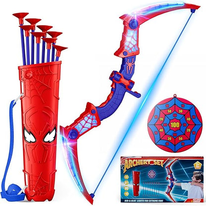 Spider Toys for Boys Age 3-4 4-6 6-8 8-12, Kids Toy BowArrow Shooting Set with Red & Blue LED Lights, Spider Quiver & Web Target, 8 Suction Cup Arrows, Toys Gifts for 3 4 5 6 7 8 9 10 12 Year Old Boys nirvanaguru