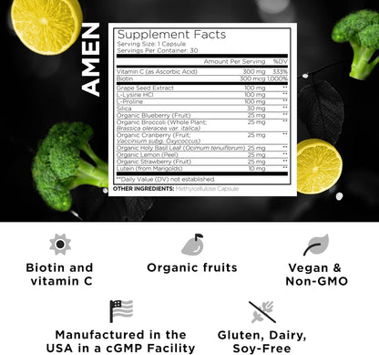 Amen Plant-Based Vegan Collagen Builder Supplement - Organic Whole Foods, Lutein, Vitamin C, Biotin, Lysine, Proline Collagen Boosters - Organic Cranberry, Lemon, Strawberry - Once A Day - 30 Capsules Nirvana Guru