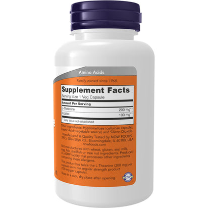 NOW Foods L-Theanine, Double Strength 200 mg Per Cap - 180 Veg Capsules - Enhanced with 100mg Inositol - Vegetarian, Non-GMO - Ltheanine 200mg Supplement - Nirvana Guru