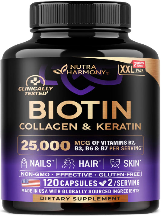 Biotin | Collagen | Keratin - Clinically Tested Supplement - Hair Growth Support, Skin & Nails - 25000 mcg Vitamins B2, B3, B6 & B7 + B1 & Hyaluronic Acid - Made in USA - Women & Men | 60 Capsules