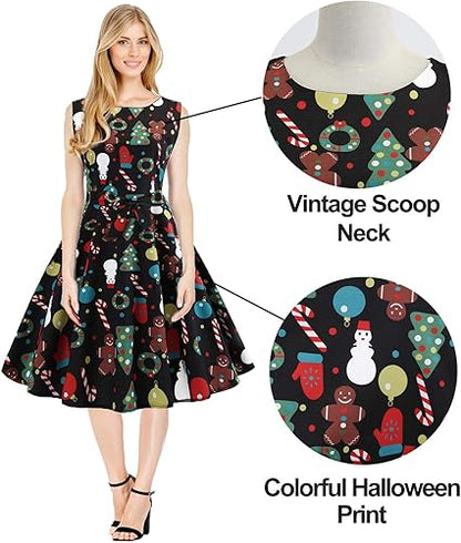 Christmas Dresses for Women Vintage Sleeveless Cocktail Dress Christmas Tree Santa Snow Printed Xmas Party Swing Dress nirvanaguru
