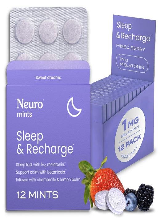 NeuroGum Sleep & Recharge Meltaway Mints | 1mg Melatonin + Chamomile + Elderberry + Lemon Balm + Passion Flower | Natural Sugar Free Rest & Relaxation Supplement (Mixed Berry, 144 Pieces) Nirvana Guru