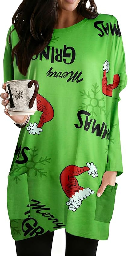 MOUSYA Women Dress Shirt Christmas Long Sleeve Tops Santa Printed Pullover Loose Plus Size T-Shirt Blouse with Pockets