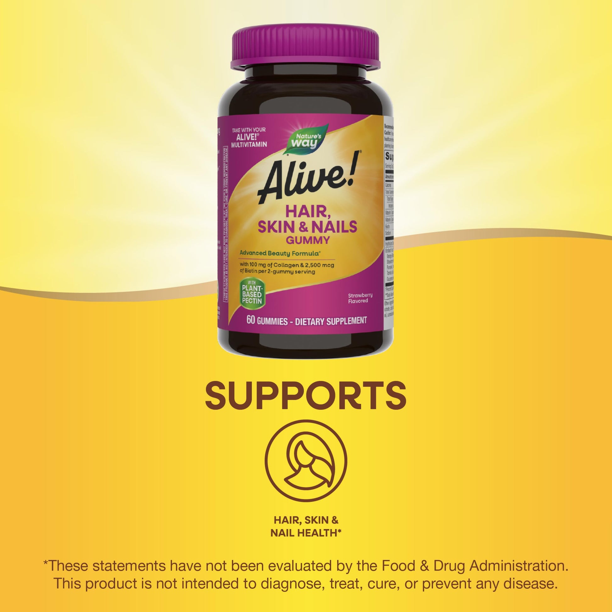 Nature's Way Alive! Hair, Skin & Nails Gummies, Advanced Beauty Formula*, with Biotin and Collagen, Strawberry Flavored, 60 Gummies (Packaging May Vary) - Nirvana Guru