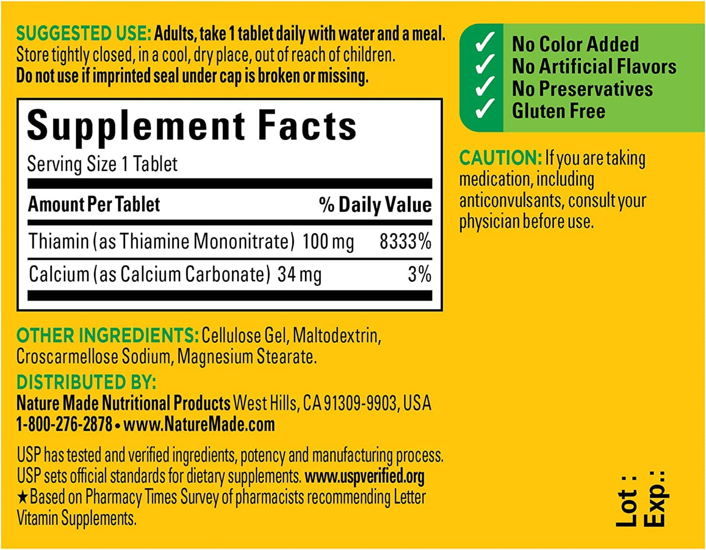 Nature Made Vitamin B1 100 mg, Dietary Supplement for Energy Metabolism Support, 100 Tablets, 100 Day Supply - Nirvana Guru