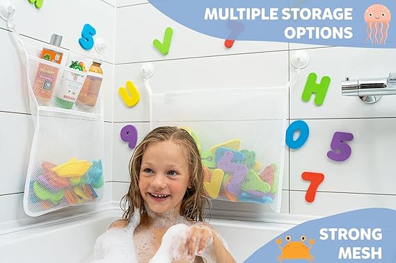 2 x Mesh Bath Toy Organizer + 8 Ultra Strong Hooks – The Perfect Bathtub Toy Holder & Bathroom or Shower Caddy – These Multi-use Net Bags Make Baby Bath Toy Storage Easy – For Kids & Toddlers nirvanaguru