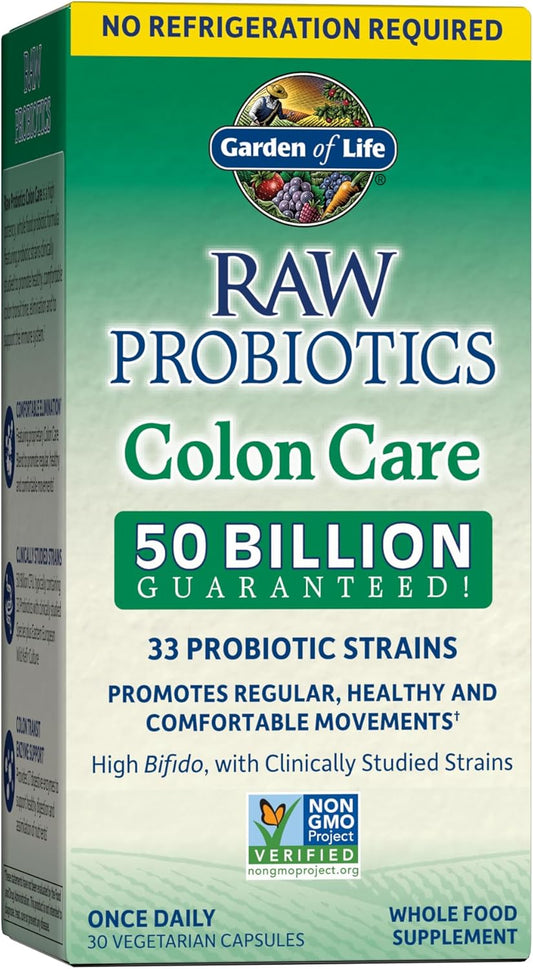 Garden of Life RAW Probiotics Colon Care Shelf Stable - 50 Billion CFU Guaranteed Through Expiration - Once Daily - Certified Non-GMO & Gluten Free - No Refrigeration, 30 Vegetarian Capsules - Nirvana Guru