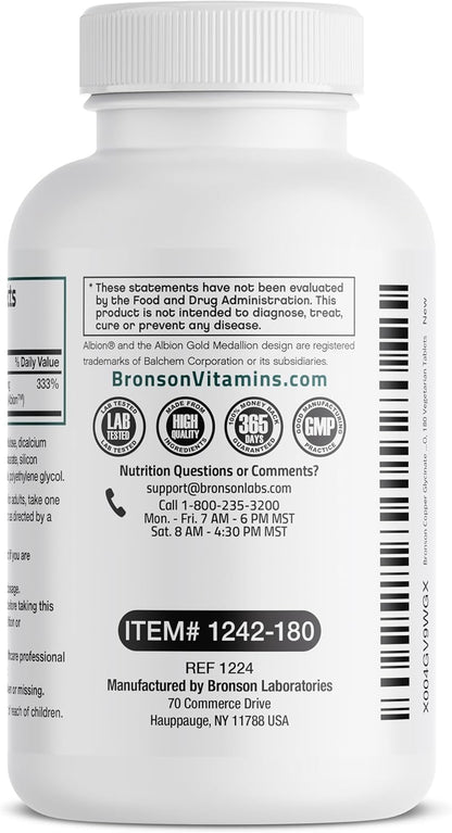 Bronson Copper Glycinate 3mg Chelated Superior Absorption Non-GMO, 180 Vegetarian Tablets Nirvana Guru
