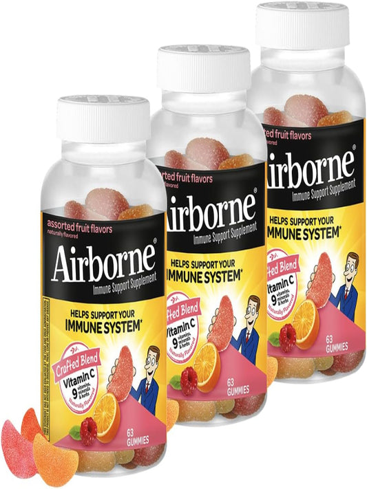 Airborne 750mg Vitamin C Immune Support Supplement Gummies for Adults, Assorted Fruit Flavor, Gluten Free Crafted Blend with Powerful Antioxidants Vitamins A C & E, 63 Gummies (3 Pack) Nirvana Guru