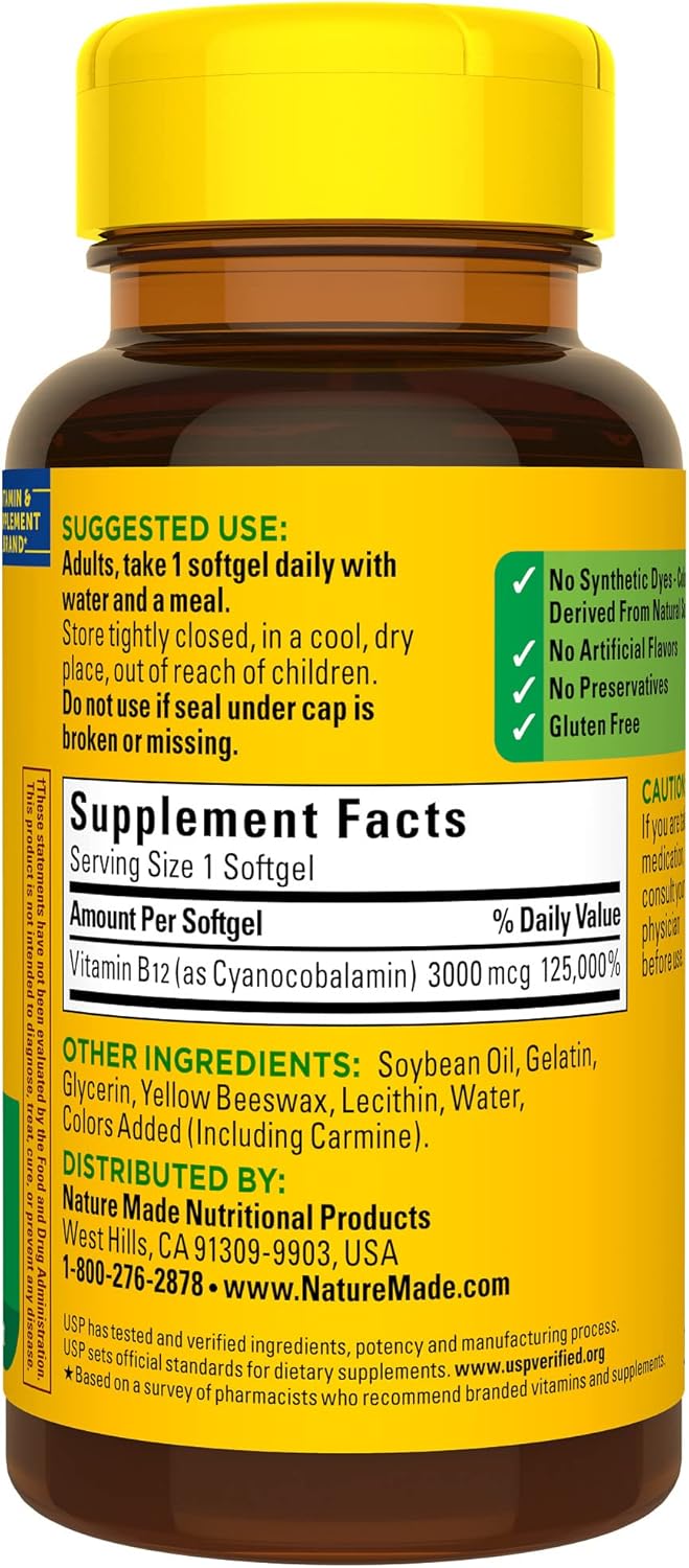 Nature Made Extra Strength Vitamin B12 3000 mcg, Dietary Supplement for Energy Metabolism Support, 60 Softgels, 60 Day Supply - Nirvana Guru