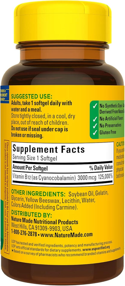 Nature Made Extra Strength Vitamin B12 3000 mcg, Dietary Supplement for Energy Metabolism Support, 60 Softgels, 60 Day Supply - Nirvana Guru