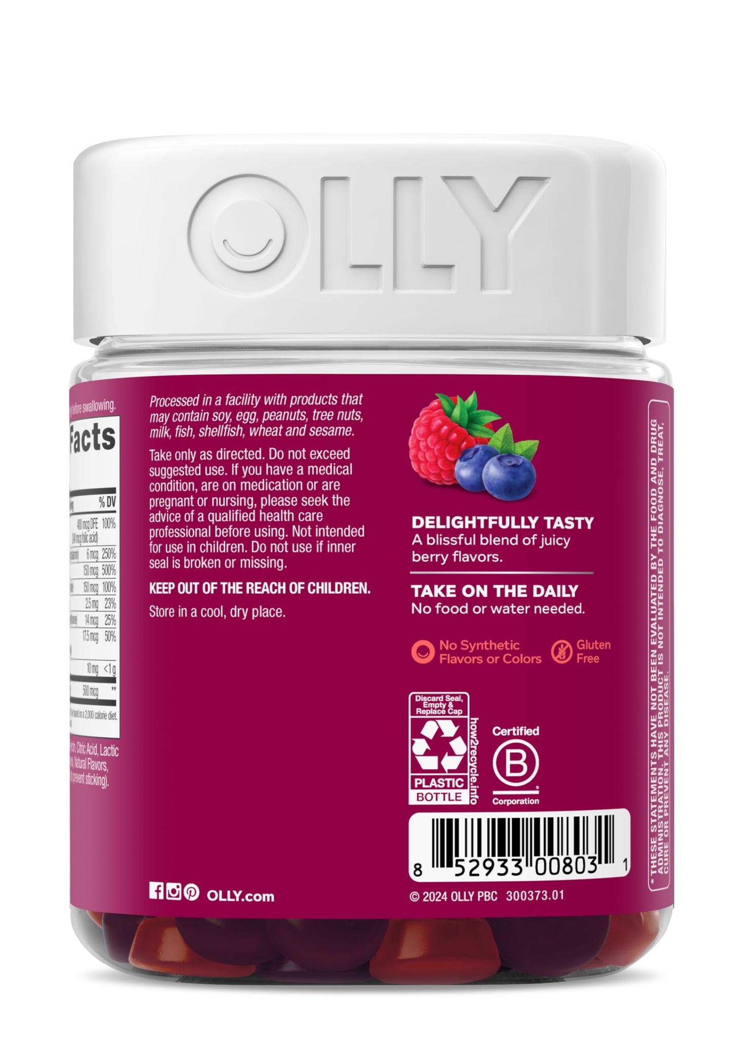 OLLY Women's Multivitamin Gummy, Vitamins A, D, C, E, Biotin, Folic Acid, Adult Chewable Vitamin, Berry Flavor, 45 Day Supply - 90 Count