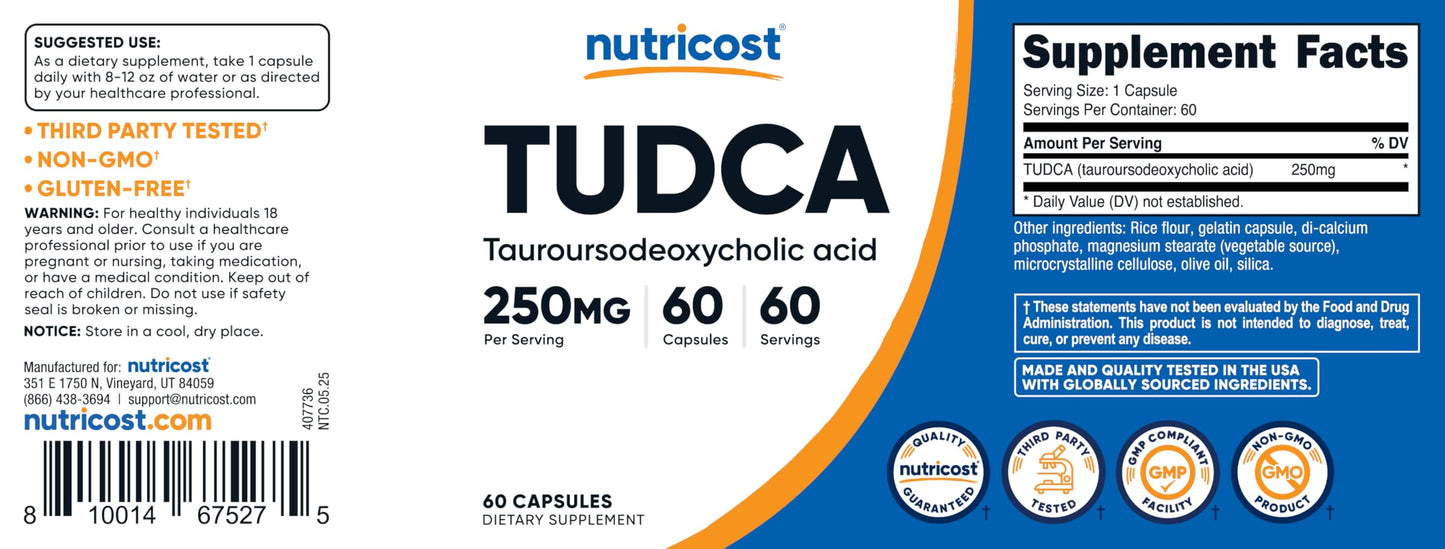 Nutricost Tudca 250mg, 60 Capsules (Tauroursodeoxycholic Acid) - Premium Quality Nirvana Guru