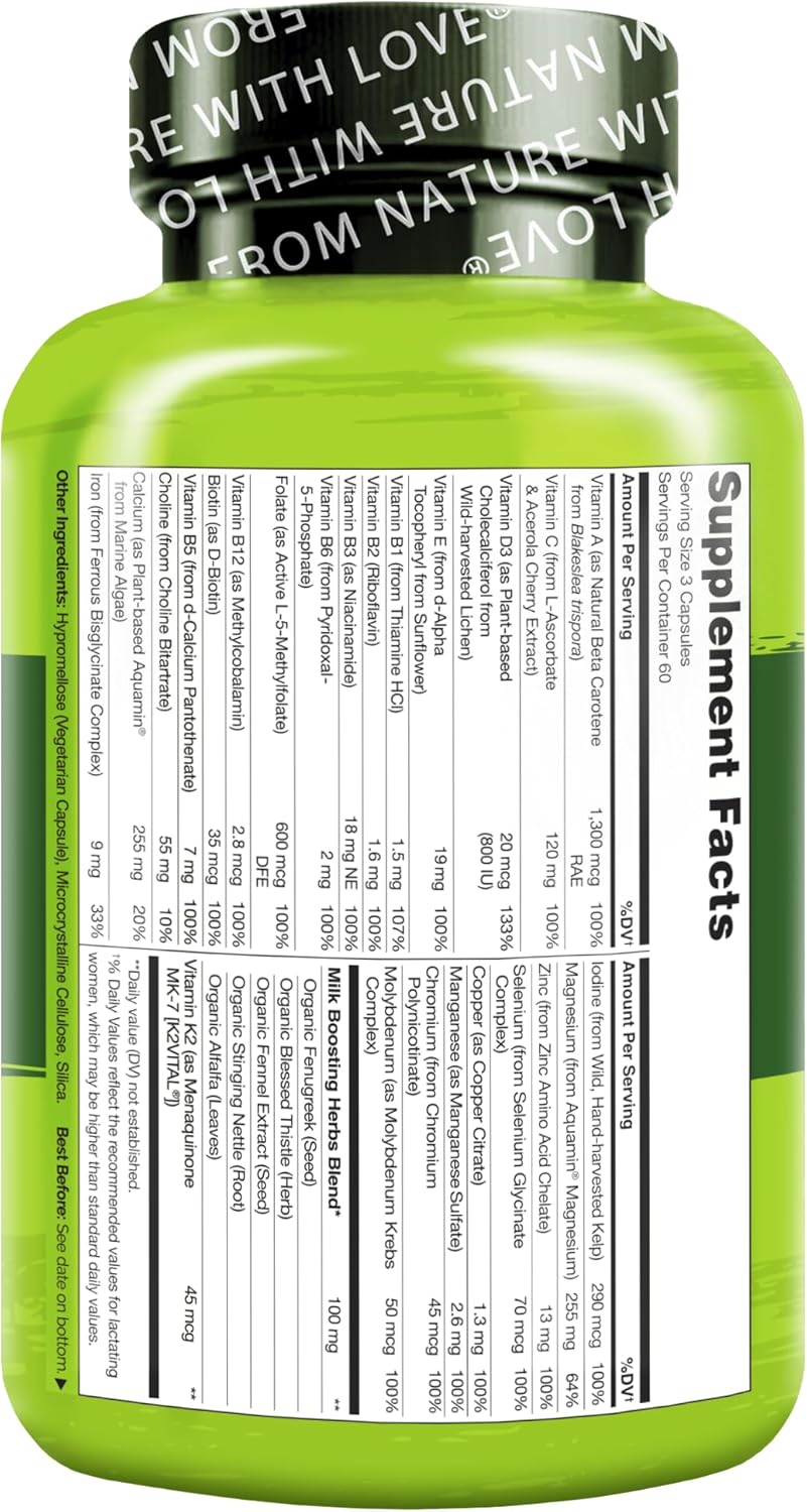 NATURELO Postnatal Multivitamin - Supplement for Breastfeeding Women - Plant-Based Vitamin D, Folate, Gentle Iron - for Nursing Mother, Baby - Post Natal Lactation Support 180 Capsules - Nirvana Guru