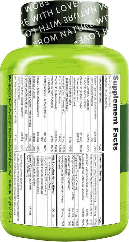 NATURELO Postnatal Multivitamin - Supplement for Breastfeeding Women - Plant-Based Vitamin D, Folate, Gentle Iron - for Nursing Mother, Baby - Post Natal Lactation Support 180 Capsules - Nirvana Guru