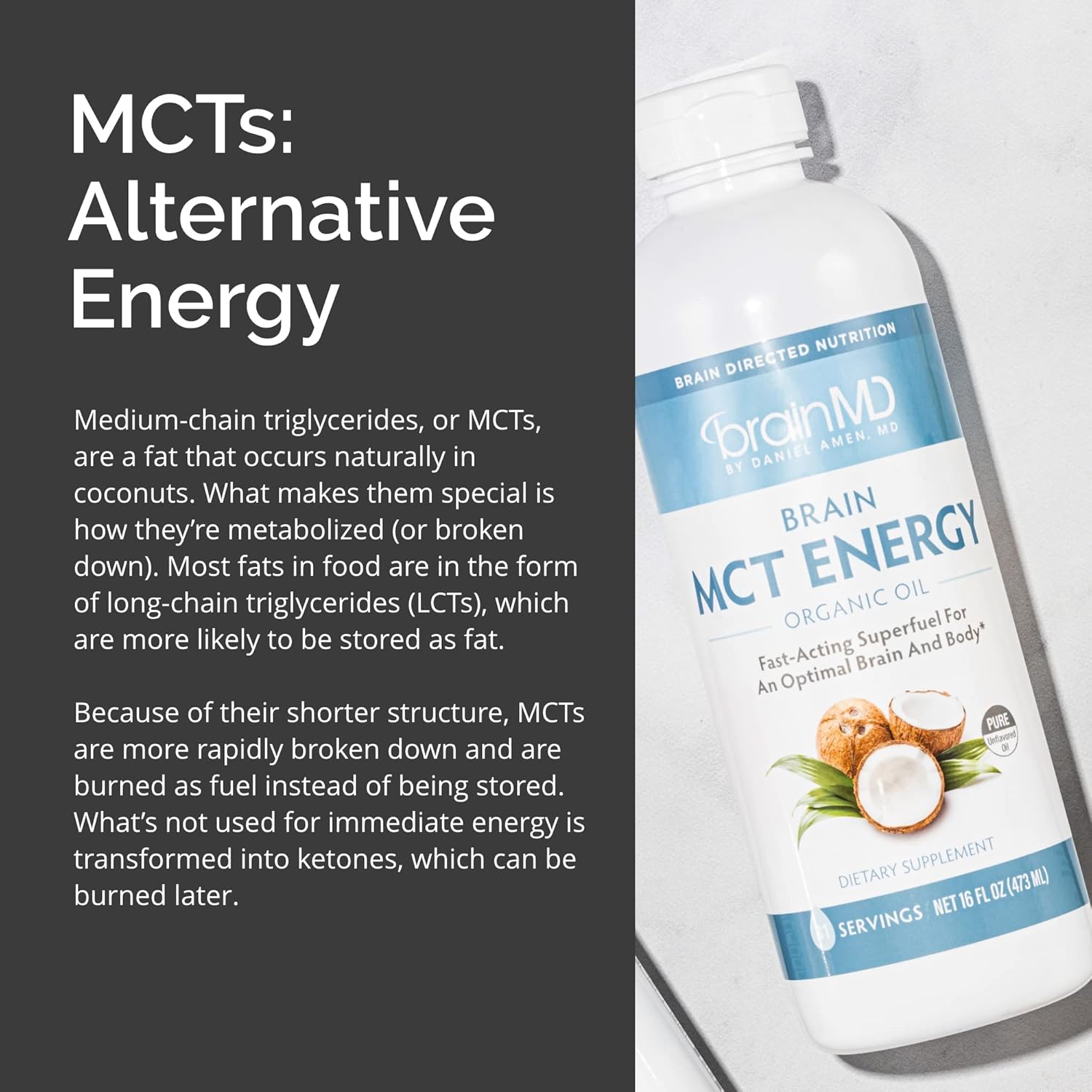 Dr Amen BrainMD Brain MCT Energy - 16 fl oz - Energy Support for Brain & Body - Improves Focus & Satiety - Clean & Fast Acting - Gluten Free - 31 Servings Nirvana Guru