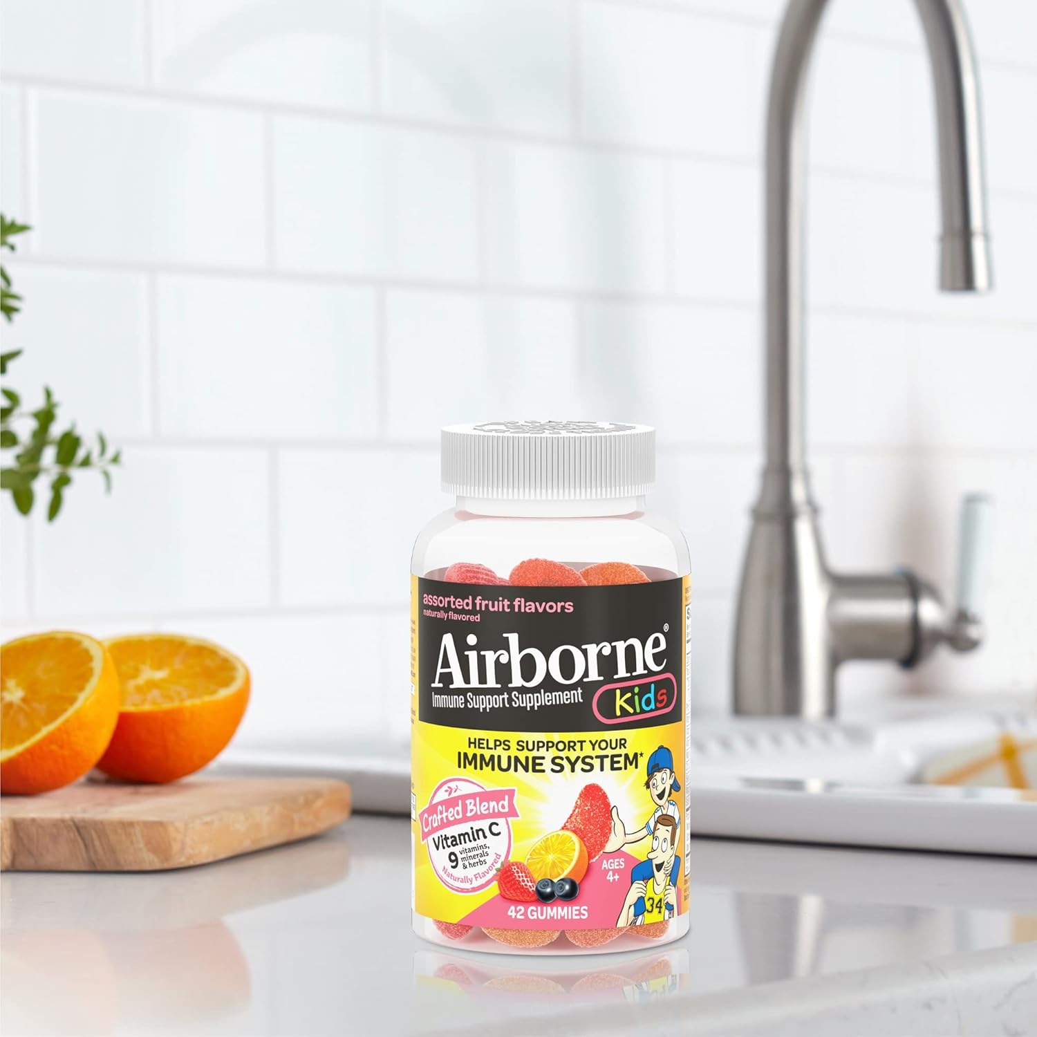 Airborne Vitamin C 500mg (per Serving) Kids Assorted Fruit Flavored Gummies (42 Count in a Bottle), Gluten-Free Immune Support Supplement with Vitamins A C E, Selenium, Echinacea & Ginger Nirvana Guru
