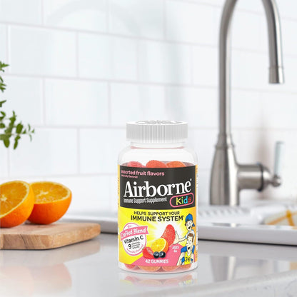 Airborne Vitamin C 500mg (per Serving) Kids Assorted Fruit Flavored Gummies (42 Count in a Bottle), Gluten-Free Immune Support Supplement with Vitamins A C E, Selenium, Echinacea & Ginger Nirvana Guru