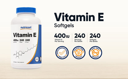 Nutricost Vitamin E 400 IU, 240 Softgel Capsules - Gluten Free, Non-GMO Nirvana Guru