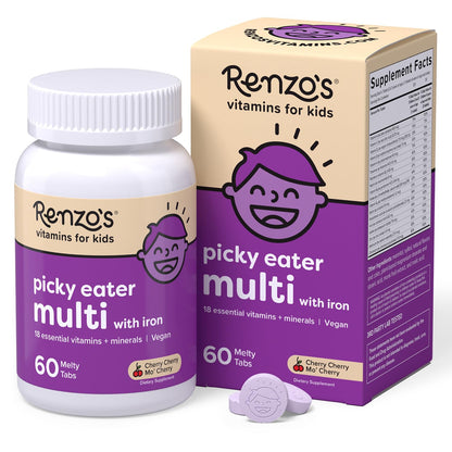 Renzo's Picky Eater Kids Multivitamin with Iron, Dissolving Kids Vitamins with Vitamin D3 and K2 and More, 60 Sugar-Free Melty Tabs, Lil’ Green Apple Flavored Nirvana Guru