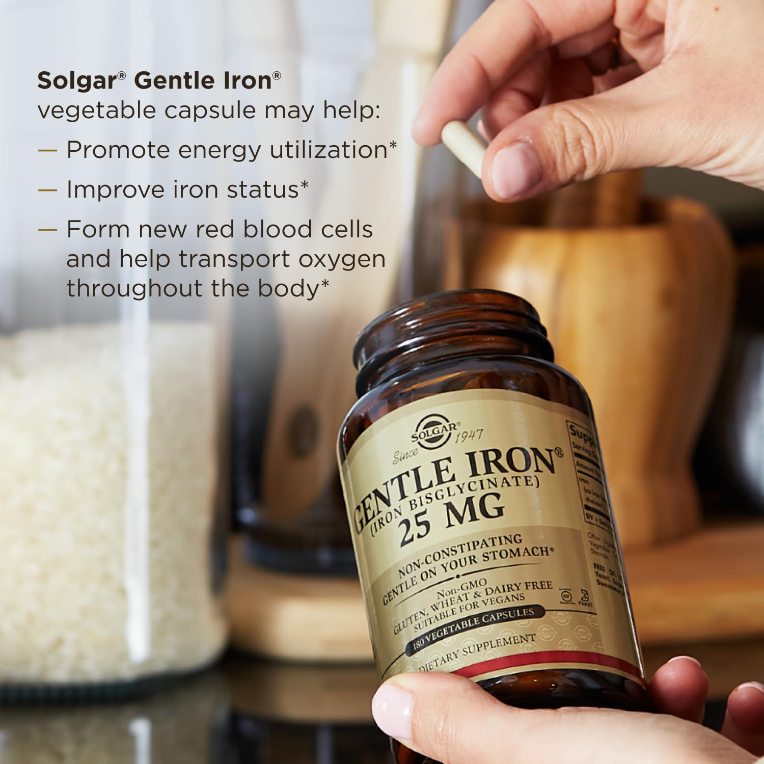 Solgar Gentle Iron, 180 Vegetable Capsules - Ideal for Sensitive Stomachs - Non-Constipating - Red Blood Cell Supplement - Non GMO, Vegan, Gluten-Free, Dairy Free, Kosher - 180 Servings Nirvana Guru