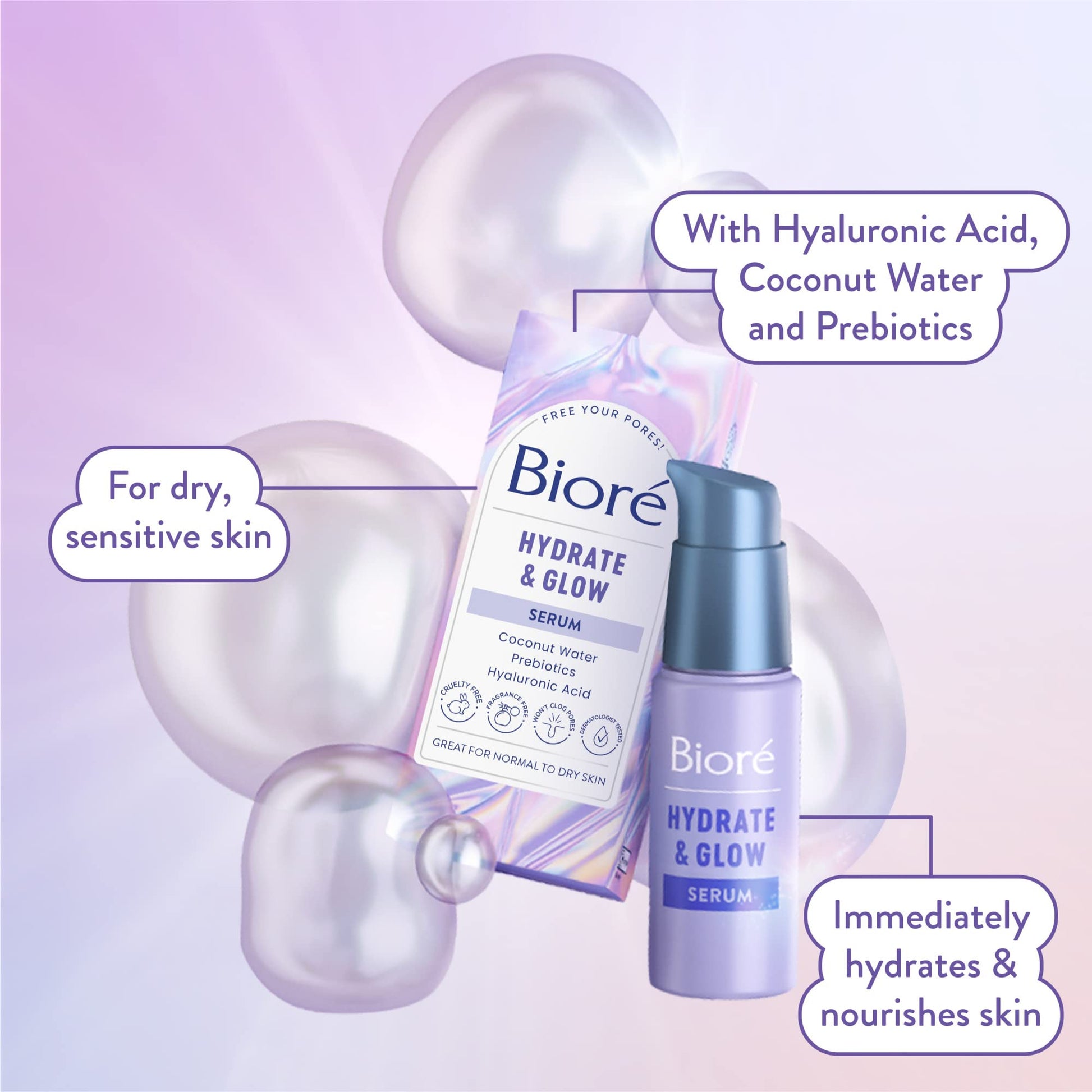Biore Hydrate & Glow Face Serum for Dry, Sensitive Skin with Hyaluronic Acid, Prebiotics, Dermatologist Tested Face Serum, Fragrance Free, Vegan Friendly & Cruelty Free, Recyclable 1 oz Bottle Nirvana Guru