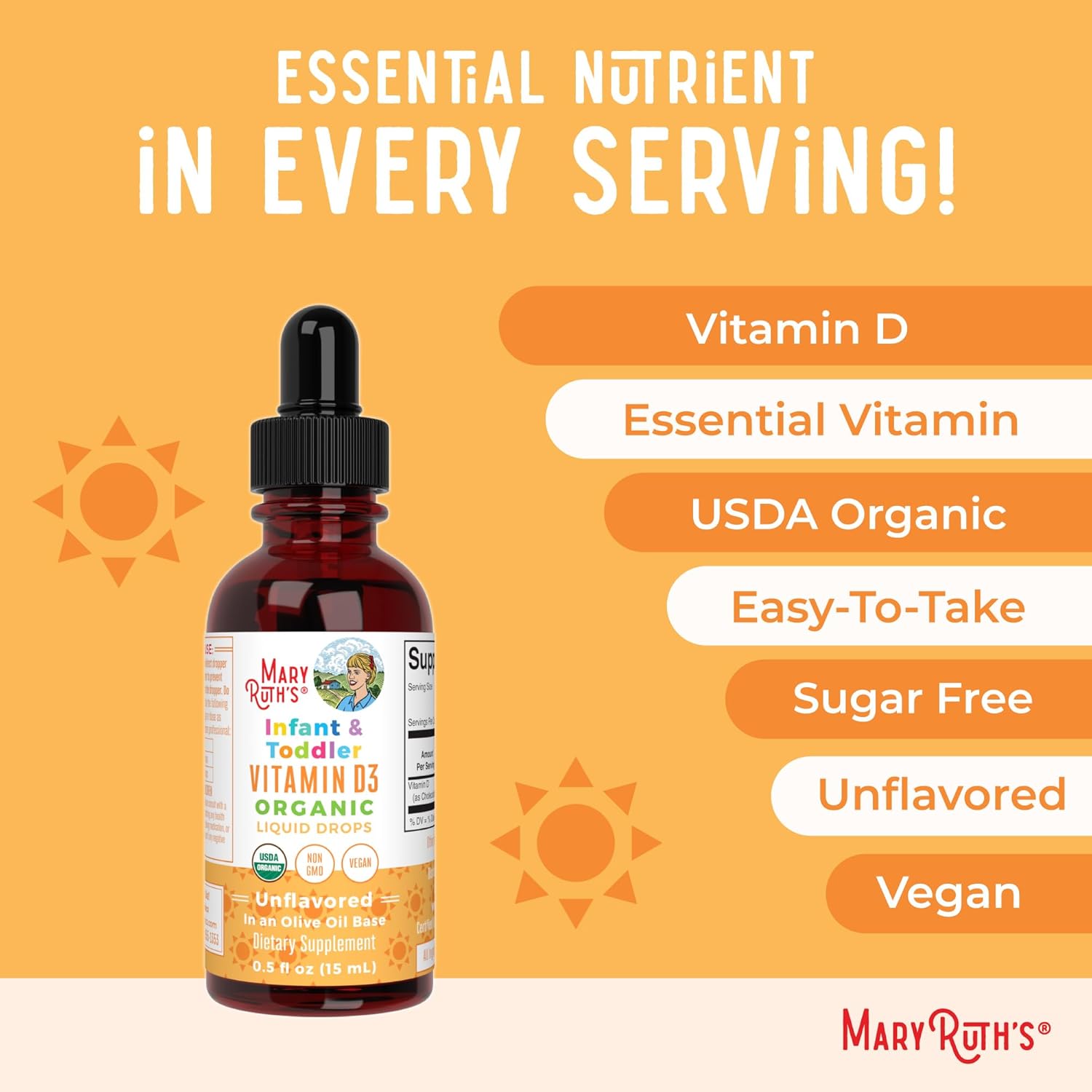 MaryRuth Organics USDA Organic Vitamin D Drops | Vitamin D3 Liquid | Sugar Free | Liquid Vitamin D Drops Immune Support for Infants & Toddlers | VIT D3 | Gluten Free | Non-GMO | 90-150 Servings - Nirvana Guru