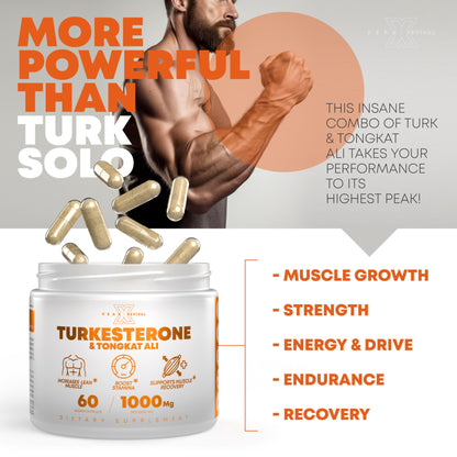 Turkesterone & Tongkat Ali 1000mg Supplement - 500mg Ajuga Turkestanica Per Serving Increase Stamina, Lean Muscle Growth & Recovery - Made in The USA (60 Capsules)