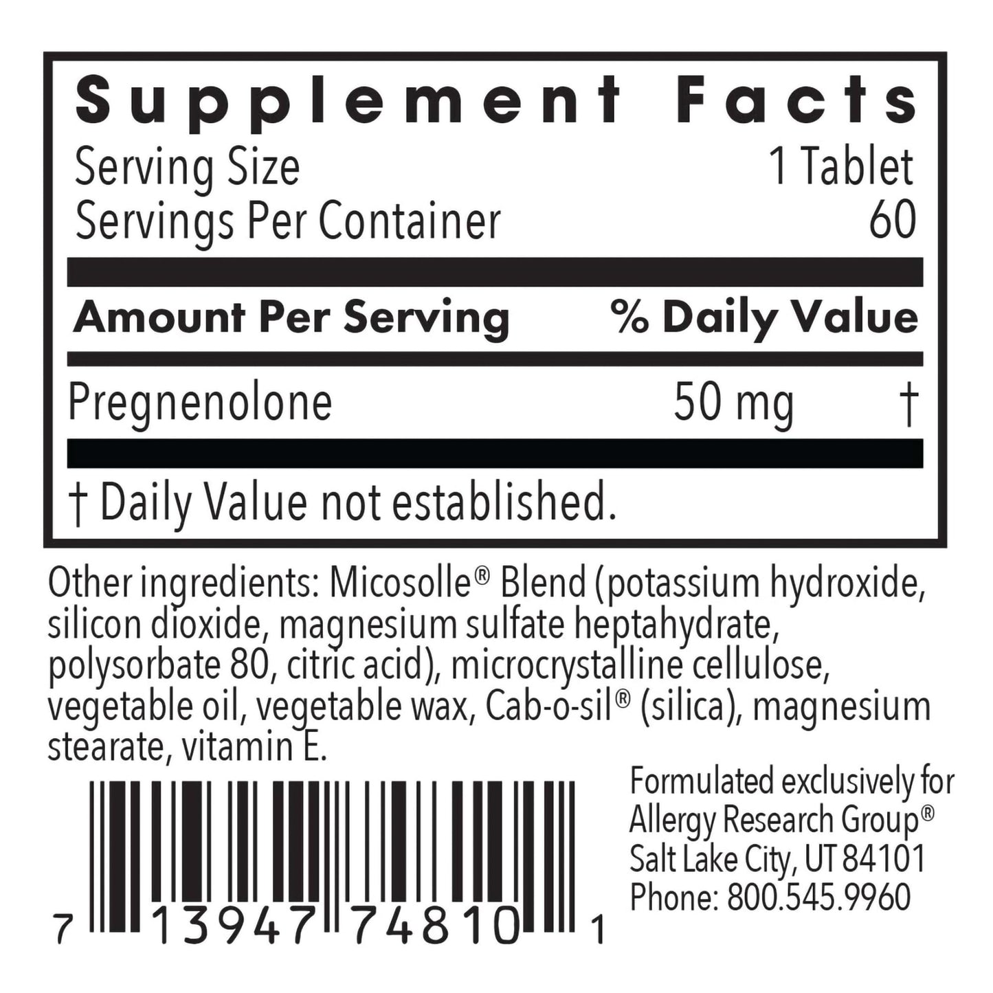Allergy Research Group Pregnenolone Supplement - Progesterone Supplements 50mg, Hormone & Stress Support, Made from Non-GMO Wild Yam, Micronized Lipid Matrix, Plant-Sourced, Scored Tablets - 60 Count Nirvana Guru