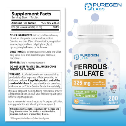 Puregen Labs Ferrous Sulfate 325 mg (65 mg Elemental Iron) High Potency Iron Supplement | No Artificial Color Additives - 200 Tablets Made in USA Nirvana Guru