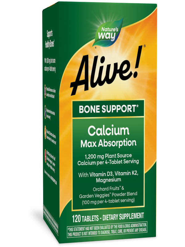 Nature's Way Alive! Calcium Max Absorption, Bone Support*, Plant Source Calcium, Vitamin D3 & K2, Magnesium, 120 Tablets (Packaging May Vary) - Nirvana Guru