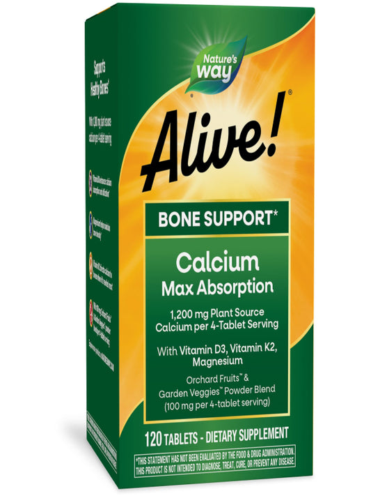 Nature's Way Alive! Calcium Max Absorption, Bone Support*, Plant Source Calcium, Vitamin D3 & K2, Magnesium, 120 Tablets (Packaging May Vary) - Nirvana Guru
