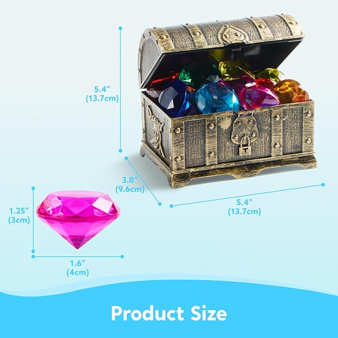 Sloosh Diving Gems Pool Toys, 16 Big Colorful Diamond with Pirate Treasure Chest,Swim Dive Toy for Kids Underwater Gemstone Swimming Training Gift Water Pool Games(Gold) nirvanaguru