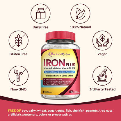 Doctor's Recipes Iron Supplement 65 mg with Vitamin C - Maximized Absorption, Stomach Friendly & High Potency Iron Pills for Red Blood Cells Formation & Immunity Health - Vegan Non-GMO 60 Iron Tablets Nirvana Guru