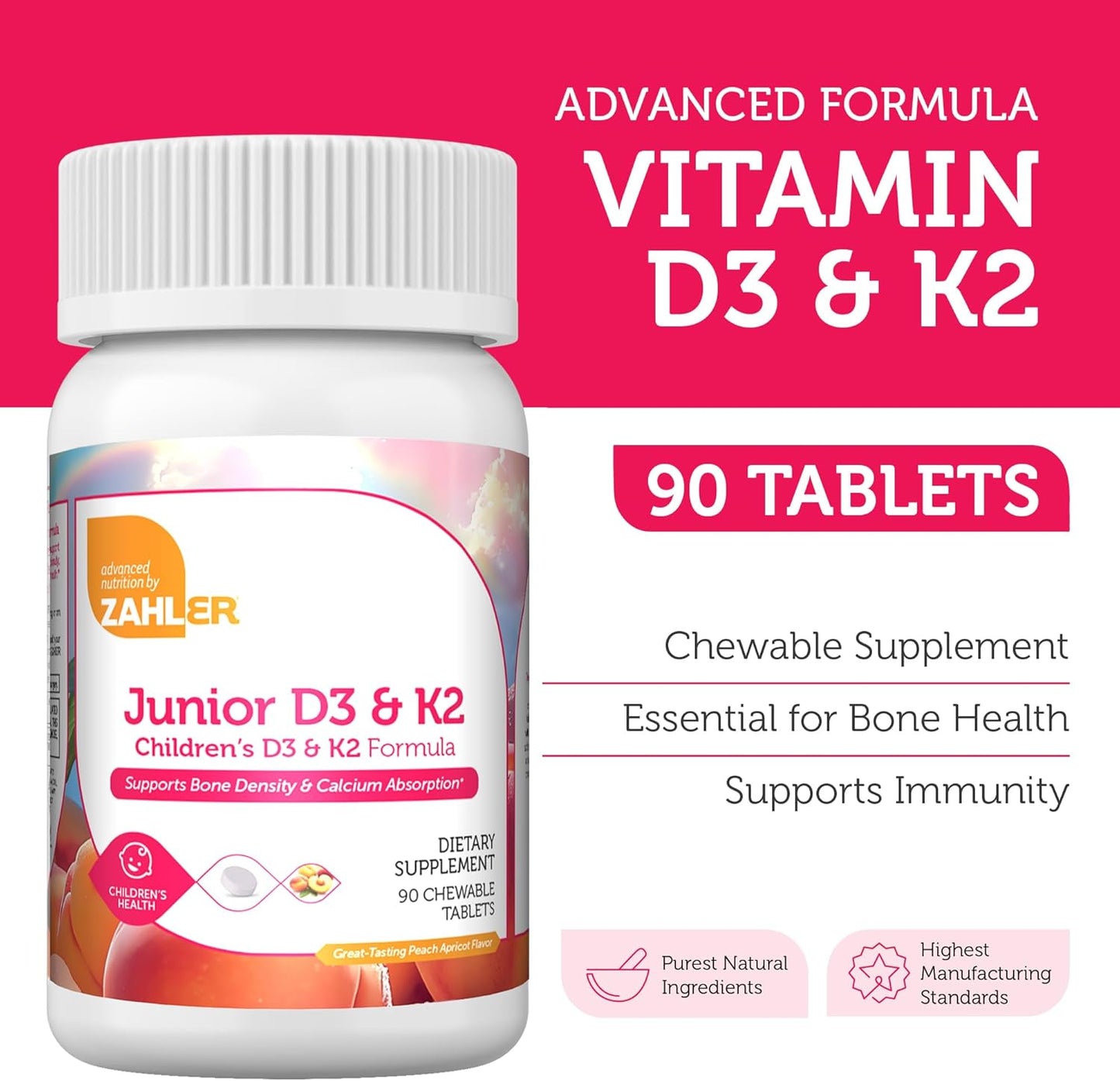 Zahler - Junior Vitamin D3 + K2 Chewable Tablets for Kids| Vitamin D for Kids 2000 IU | Delicious Vitamin D K2 Chews to Support Healthy Bones & Teeth - Kosher, Less Sugar Than Gummies (90 Count) - Nirvana Guru