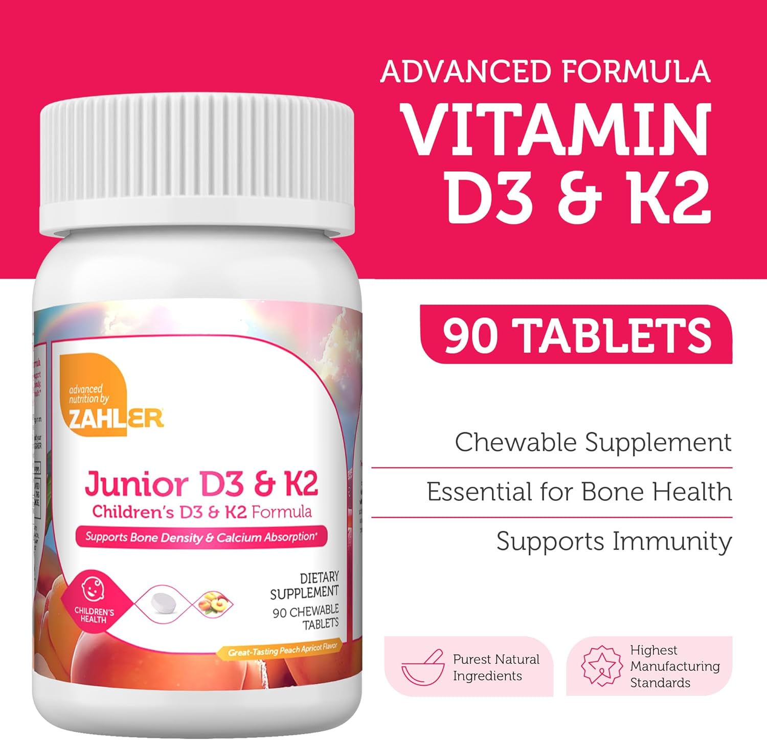 Zahler - Junior Vitamin D3 + K2 Chewable Tablets for Kids| Vitamin D for Kids 2000 IU | Delicious Vitamin D K2 Chews to Support Healthy Bones & Teeth - Kosher, Less Sugar Than Gummies (90 Count) - Nirvana Guru